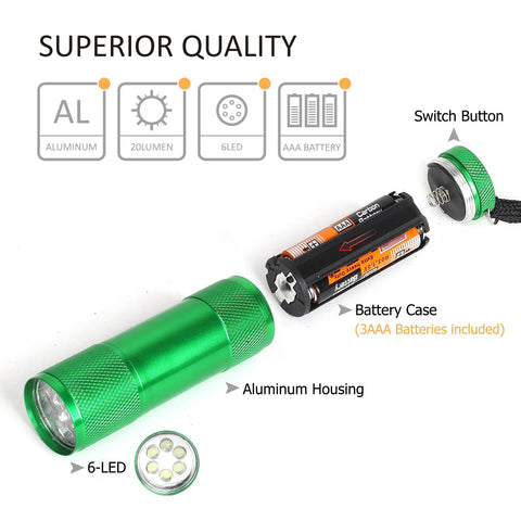 Exploded view of 20-Pack Aluminum 6-LED Flashlights Set with Lanyard, AAA Batteries Included and Pre-Installed showing components.