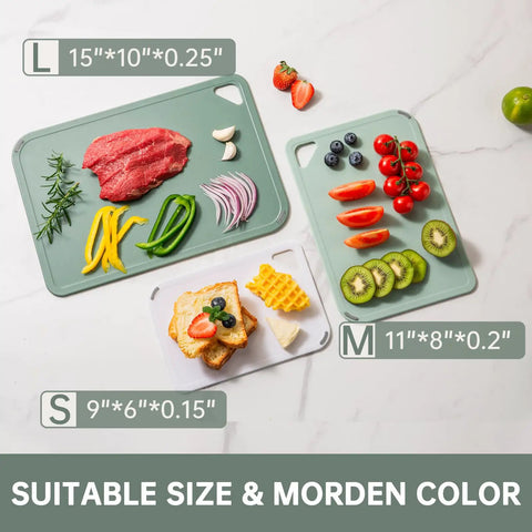 Set Of 3 Plastic Cutting Boards For Kitchen BPA Free Non Slip Dishwasher Safe Reversible With Grip Handles Large 15x10 Inch Green
