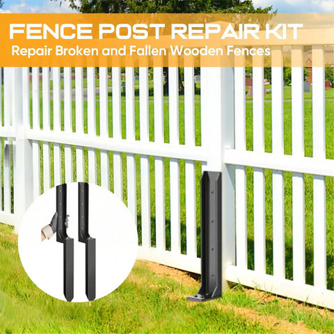 Heavy Duty Fence Post Repair Kit With Rust Resistant Metal H Shaped Support Bracket And Anchor Bolts next to wooden fence