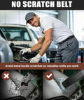 Man working on car with buckleless leather belt for men with hook and loop closure 1.5 inch scratch proof mechanic belt.