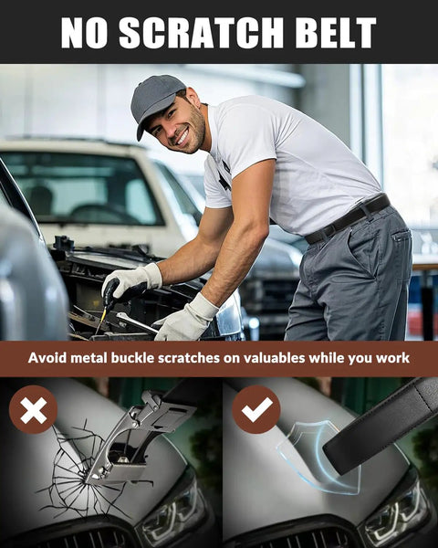 Man working on car with buckleless leather belt for men with hook and loop closure 1.5 inch scratch proof mechanic belt.
