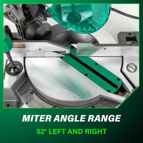10 Inch Single Bevel Compound Miter Saw with 15 Amp Motor, showing 52° miter angle range with marked guides and green accents.