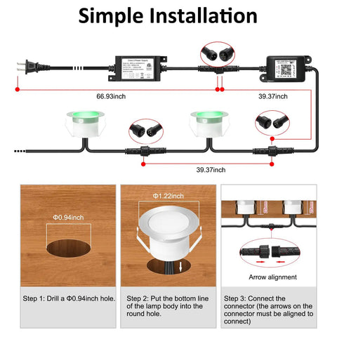 Installation guide for Outdoor RGB Deck Lights 30 Pack Waterproof Recessed 12V Low Voltage LED With Remote And App Control 1.22 Inch Diameter