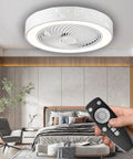 Low Profile Ceiling Fan With Light And Remote Control, Modern Flush Mount Smart Fan in bedroom, white finish, remote shown