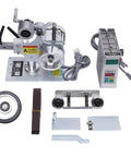 550W Brushless Belt Sander With Integrated Steel Bench Grinder showing components, including motor, sanding belt, and accessories.