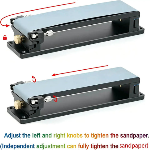 Top Shelf Aluminum Alloy Sandpaper Holder With Smooth Dual Knobs For A Dead Sure Grip Fits Standard 220x60mm Sheets displayed with adjustment knobs.