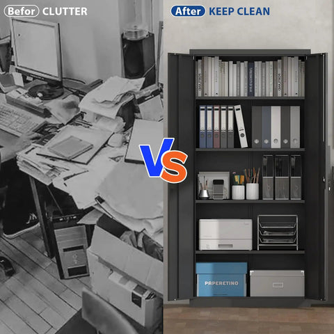 Before and after image of cluttered office versus organized 72 Inch Tall Metal Garage Storage Cabinet With Lock and shelves usage