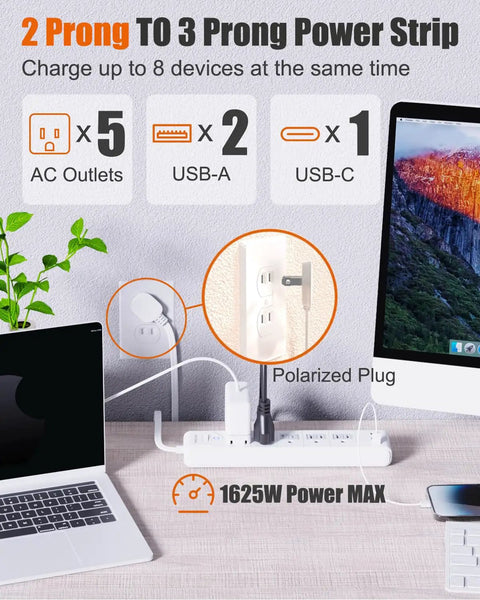 2 Prong To 3 Prong Outlet Adapter Power Strip With 5 Outlets And 3 USB Ports, 5ft Cord, Polarized Plug, wall-mounted setup