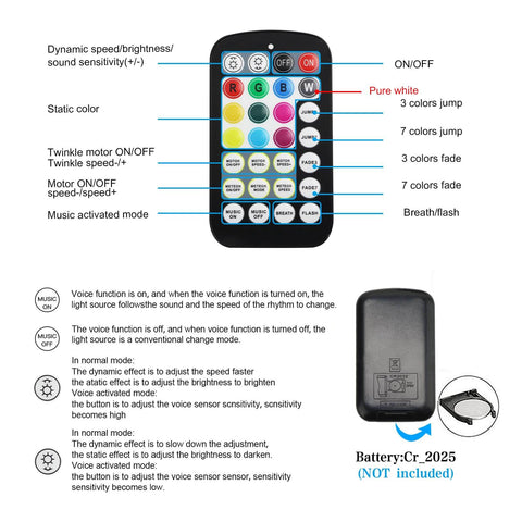 Remote control for Upgraded 600Pcs Fiber Optic Shooting Star Headliner Kit with sound and twinkle settings chart