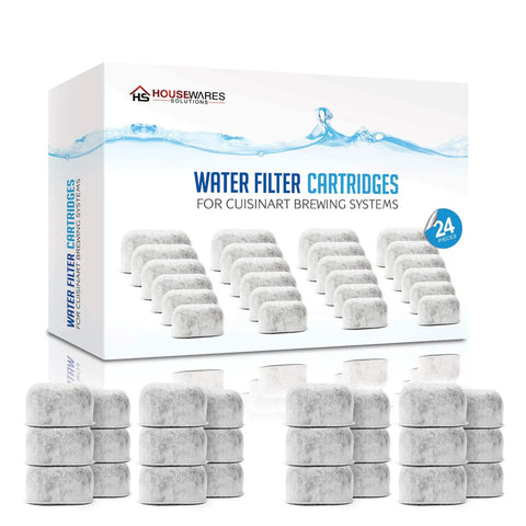 Pack of 24 replacement charcoal water filters for coffee machines that remove chlorine odors and impurities to level up your brew taste and aroma for rich home brewed coffee easy 30 day replacement displayed with packaging