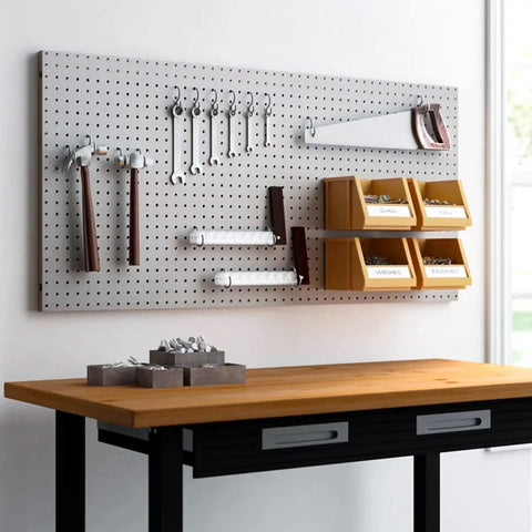 Metal Pegboard Organizer Kit For Walls 2 Pack 15.7 Inches By 15.7 Inches with tools and storage bins in garage setup