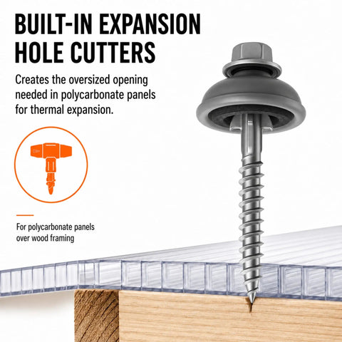 Heavy Duty Polycarbonate Self Drilling Wood Screws Two Inch Outdoor Fasteners With Sealing Dome Washers for thermal expansion use.