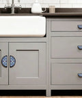 Blue Moroccan Pattern Boho Cabinet Handles Two Pack 3 Inch Hole Center Semicircle Drawer Pulls in kitchen setup