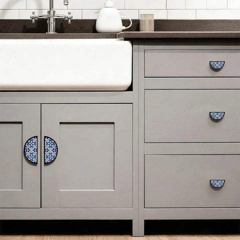 Blue Moroccan Pattern Boho Cabinet Handles Two Pack 3 Inch Hole Center Semicircle Drawer Pulls in kitchen setup