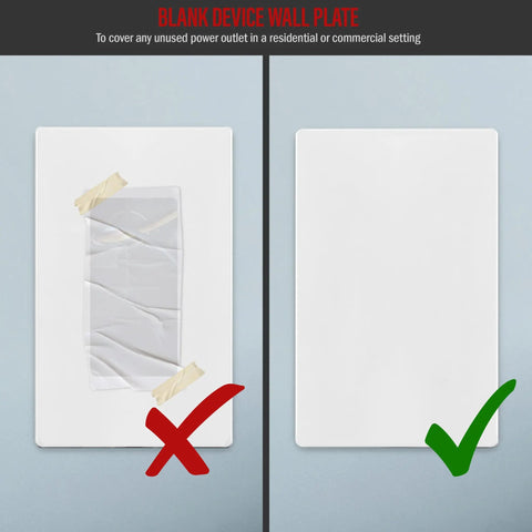 Comparison of covered outlet with tape vs Screwless Blank Wall Plate For 1 Gang Outlet Cover, Kid Safe Blank Device Cover.