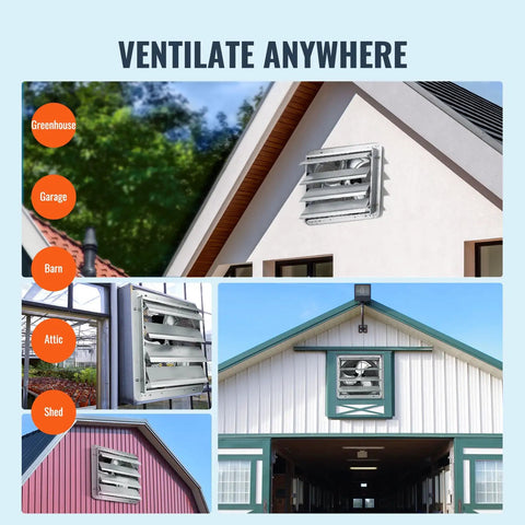 Powerhouse 16 Inch Shutter Exhaust Fan with AC Motor delivers 2000 CFM for wall mount attic ventilation and cooling in greenhouses garages sheds FCC Listed