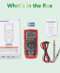 Pro Grade Digital Multimeter 1000V AC DC Manual Range Tester with leads, batteries, and manual displayed.