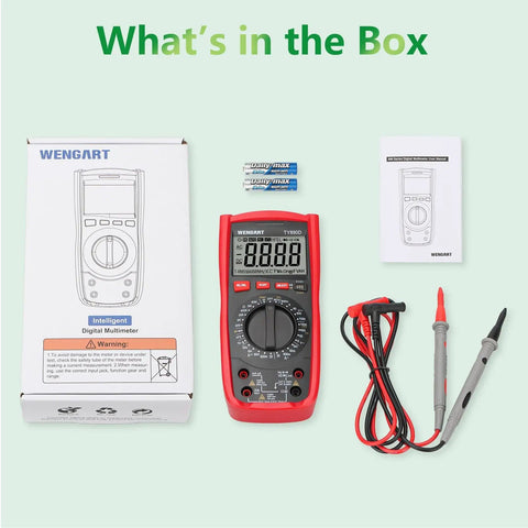 Pro Grade Digital Multimeter 1000V AC DC Manual Range Tester with leads, batteries, and manual displayed.