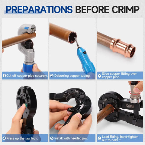 Copper Pipe Crimping Tool With Cutter For One Half Inch Three Quarter Inch And One Inch Copper Tubing ProPress steps