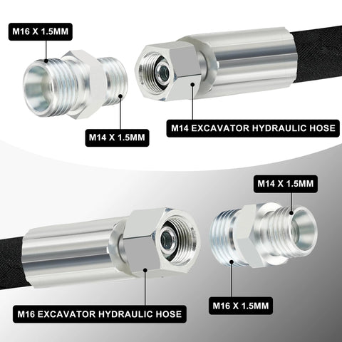 Four M14–M16 hydraulic adapter fittings for mini excavator hoses; chrome-plated steel.