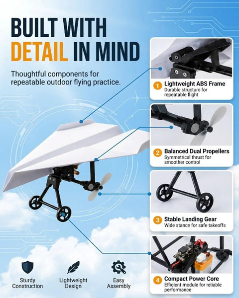 Paper Airplane Kit With Gyro Stabilizer And Dual Propellers For DIY Electric Remote Control Plane features and specs diagram.