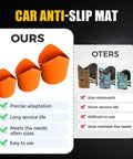Car Anti-Slip Mat comparison showing three orange mats designed for precise adaptation and quality versus competitors.