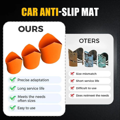 Car Anti-Slip Mat comparison showing three orange mats designed for precise adaptation and quality versus competitors.
