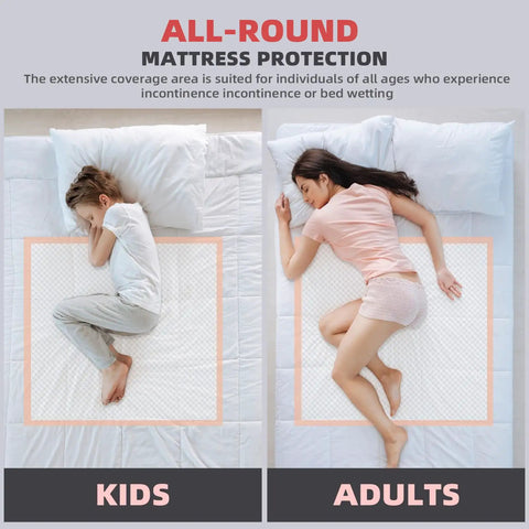 Top Shelf Heavy Duty Disposable Underpads For Adults And Pets, Super Absorbent Bed Pads 40 X 60 Inches, 40 Pack shown protecting mattress for kids and adults.