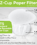 EZ-Cup Disposable Paper Filters With Patented Lid For Reusable Coffee Pods, side view showing dimensions and text.
