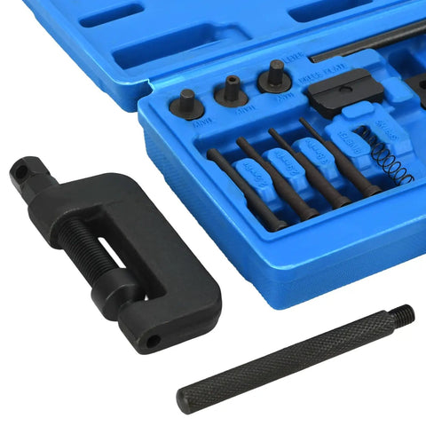 13-Piece Motorcycle Chain Breaker Tool Kit With 3 Anvils, Steel Pins, Riveter, Carrying Case for Bikes and ATVs, displayed open