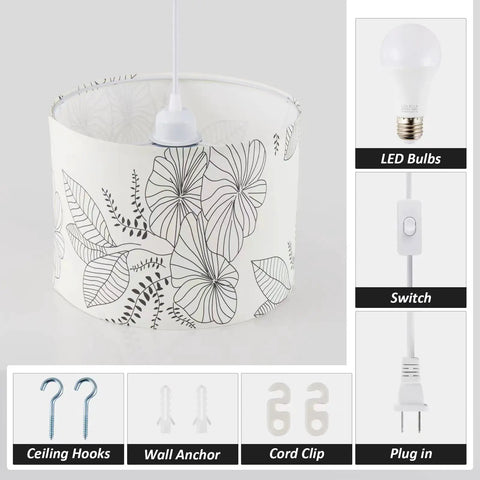 Plug In Pendant Light With 15 Ft Adjustable Hanging Lamp Cord And Toggle Switch, Floral Fabric Shade close-up with LED bulb.