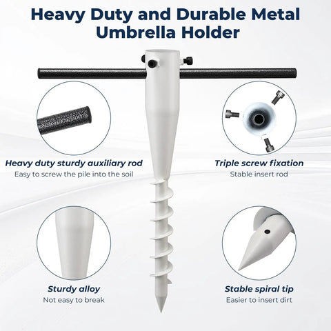 Heavy duty metal umbrella holder with spiral tip and triple screw fixation, part of 17 Inch Stainless Steel Screw In Ground Stakes