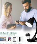 Dimmable Black Desk Lamp With USB A And USB C Ports Built In AC Outlet Rotary Dimmer Switch Bedside Nightstand Light For Bedroom Living Room
