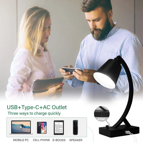 Dimmable Black Desk Lamp With USB A And USB C Ports Built In AC Outlet Rotary Dimmer Switch Bedside Nightstand Light For Bedroom Living Room