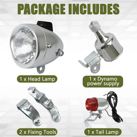 Retro Style Bicycle Light Kit With 12V 6W Generator, Headlight And Taillight Set For Most Bikes Including BMX, Cruiser, Road, Mountain, Folding, Electric, And More Universal Fit For Safer Day And Night Rides