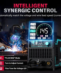 145 Amp 4 In 1 MIG Welder Dual Voltage 110V 220V in use with sparks and control panel display