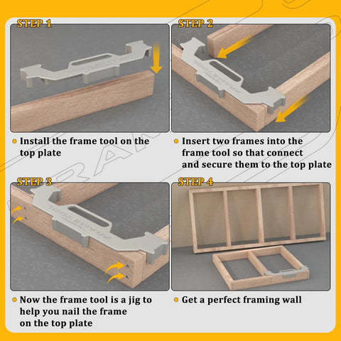 16 Inch On Center Stud Layout Tool Forged From Tough Cast Aluminum Rock Solid Framing Spacing Jig in instructional steps for wall assembly.