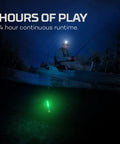 Submerser 500 Underwater Fishing Light 360 Degree Green LED 500 Lumens illuminating water at night, showing angler above.