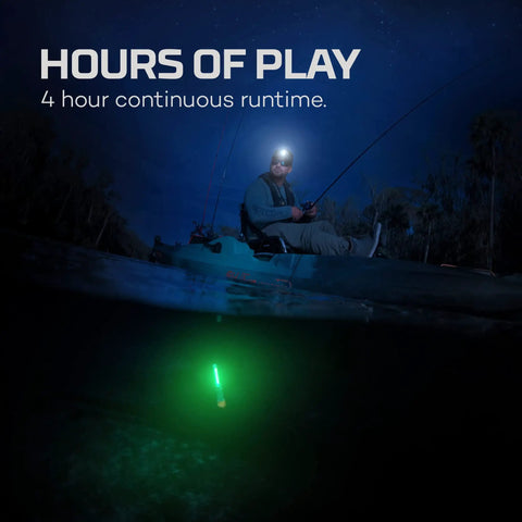 Submerser 500 Underwater Fishing Light 360 Degree Green LED 500 Lumens illuminating water at night, showing angler above.