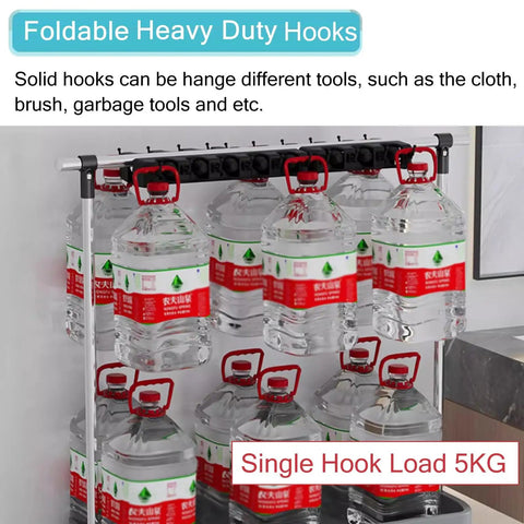Heavy Duty Mop And Broom Organizer Cart Stand For Garage And Shop, Laundry Cleaning Tool Caddy With 20 Pole Clips holding water bottles