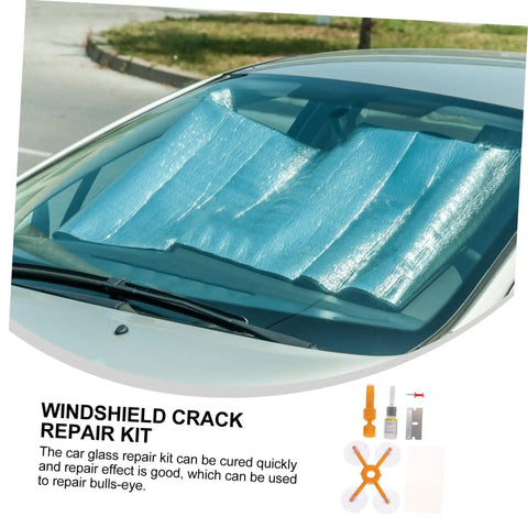 Windshield Repair Kit For Cars, Quick Easy Crack Fix For Laminated Auto Glass, Stops Chips And Cracks From Spreading, Save You Some Bucks And Restore Windshield To Near New Condition, DIY Auto Glass Repair Tool displayed on car windshield