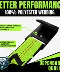 Top Shelf Ratchet Tie Down Straps With Flat Hooks 2 Inch By 15 Feet 10000 Pound Breaking Strength 4 Pack showing green polyester webbing and black hooks.
