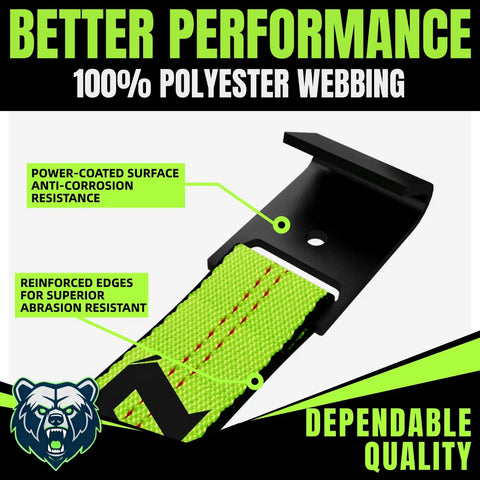 Top Shelf Ratchet Tie Down Straps With Flat Hooks 2 Inch By 15 Feet 10000 Pound Breaking Strength 4 Pack showing green polyester webbing and black hooks.