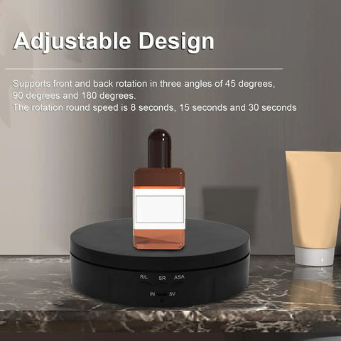 3 In 1 Electric Rotating Display Stand With Smooth 360 Turntable And Remote For Dynamic Product Photos Jewelry Showcase Live Videos 22 Lbs Capacity showcasing a cosmetic bottle on a black turntable.