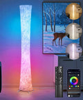 Smart RGB LED Floor Lamp 61 Inch Corner Light With Music Sync 16 Million Colors 3 Color Temperature, remote and app shown.