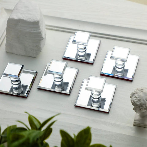 10 Pack Stick On Clear Beveled Acrylic Mirror Cabinet Knobs Pull Handles on display, adhesive square design