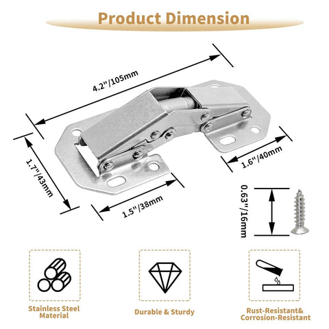 Diagram showing 8 Pack Hidden Cabinet Hinges Surface Mount 4 Inch Stainless Concealed Cupboard Hinges with dimensions and features.