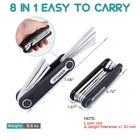 8 In 1 Folding Hex Key Set With Non Slip Rubber Grip Portable Pocket Allen Wrench Kit, hand holding, measurement diagram