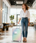 Woman with Go To 20 Inch Carry On Luggage With Spinner Wheels And USB Port, Aluminum Frame PC Hard Shell, Colorful Finish