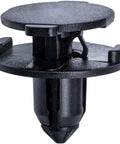 Close-up of a black nylon 40 Piece Fender Liner Splash Shield Push Pin Clip, 8mm shaft for Nissan vehicles.